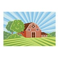 Illustration of an old barn and a green field and apple trees in the background. Vector Royalty Free Stock Photo