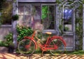 Illustration of an Old Bicycle Adorned with Lush Foliage Leaning Against a Time-Worn Garden House