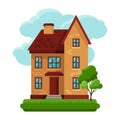Illustration of old brick cottage on clouds Royalty Free Stock Photo