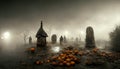 Illustration of old cemetery with fog on Halloween night. Royalty Free Stock Photo