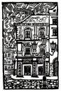 Illustration of an old city. Linocut. Black and white. Detailing.