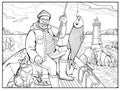 Illustration of an old happy sailor fishing in Celtic sea. Coloring book for children and adults. Black and white vector drawing.