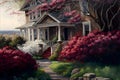 Illustration of an old house with a beautilful spring garden. Royalty Free Stock Photo