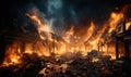 An old library, overwhelmed with burning old books Royalty Free Stock Photo