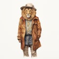 Vintage Watercolored Lion Portrait With Hat And Apron