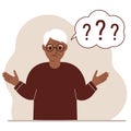 Illustration of a old man who is confused, questioning. Want to find answers. People around the question mark