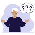 Illustration of a old man who is confused, questioning. Want to find answers. People around the question mark