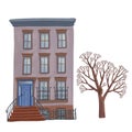 Illustration of old multistory building and tree isolated on white background