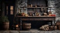 An old rustic kitchen setting with a wood oven