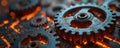 Illustration of old rusty gears on top of a circuit board. Orange lights show a tech environment. Concept represents tech Royalty Free Stock Photo