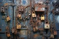 Old rusty padlock on a rusty steel door, closeup of photo