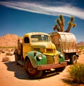 Illustration of an Old rusty vintage pickup in the middle of the desert.