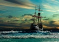 Illustration of an old sailing ship from the times of pirates on the high seas with big waves