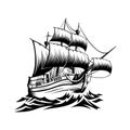 Illustration old ship with waves in style retro design Royalty Free Stock Photo