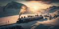 Illustration of an old steam engine train at a small station in the middle of mountains.AI-Generated