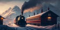 Illustration of an old steam engine train at a small station in the middle of mountains.AI generated Royalty Free Stock Photo