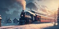 Illustration of an old steam engine train at a small station in the middle of mountains, AI generated image