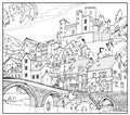 Illustration of old stone bridge in a medieval French town. Fairyland kingdom. Black and white page for kids coloring book.