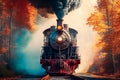 Illustration Of Old-time Steam Engine Middle Of Autumn Forest, AI-generated Image