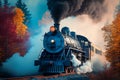 An Illustration Of Old-time Steam Engine Middle Of Autumn Forest, AI-generated Image