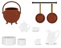 Illustration of an old traditional kitchen objects: copper kettle and pans, plates, tea set, jag, teapot, coffee service
