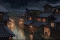 Illustration of the old village in the rainy season at night. A beautiful artwork illustration of rainy medieval japan AI