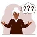 Illustration of a old woman who is confused, questioning. Want to find answers. People around the question mark