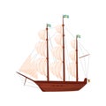 Old wooden ship. Sailing vessel. Marine transport. Sea and ocean theme. Flat vector element for historical book or Royalty Free Stock Photo