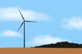 Illustration of one wind power station and windmill, near forest and field in countryside under blue sky with white clouds, vector