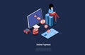 Illustration Of Online Payment Concept. Vector Composition, Cartoon 3D Style. Isometric Art, Dark Background With Text Royalty Free Stock Photo