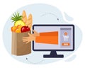 Illustration of online sale, hands with a package of products from a computer monitor. Business concept selling online,