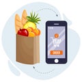 Illustration of an online sale, a package with groceries and a phone with an order. Business concept selling online