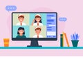 Illustration of online school video conference with indonesian elementary school students vector stock