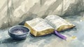 Illustration of an open bible with a purple bookmark and a bowl of ashes beside it, representing Ash Wednesday, tranquil Royalty Free Stock Photo