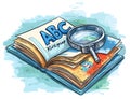 Illustration of an Open Book with ABC and a Magnifying Glass Royalty Free Stock Photo
