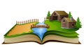 Open book with farm scene, barn and trees on a white background Royalty Free Stock Photo