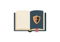 Illustration of an open book with one page blank and the other featuring a shield emblem. The left Royalty Free Stock Photo