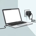 Illustration of an open laptop connected to a wall socket with a Royalty Free Stock Photo