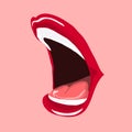 Illustration of open mouth. Painted lips red lipstick.