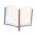 An illustration of an opened blue book with pink bookmark.