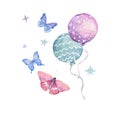 Watercolor cute illustration colorful pink balloons with blue butterflies isolated and stars on white background. Hand draw clip Royalty Free Stock Photo