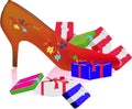Illustration of orange high heels with flowers on it and presents on an isolated background