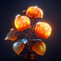 Illustration of orange physalis flower in pot on dark background. AI generated