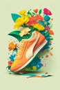 An illustration of an orange shoe with flowers. Generative AI