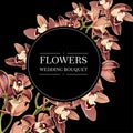 Illustration with orchids; round, black background; bundle of greetings cards, stickers or icon. Royalty Free Stock Photo