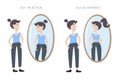 Illustration os self rejection and self acceptance. Young woman watching at her reflection in the mirror
