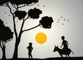 Illustration Of Our Vintage Childhood Memories .That Time Riding Animals, For Fun. Silhouette Two Friends, With Tree And Sun.