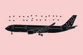 illustration outline of an airplane and heart on pink background, in the style of snapshot aesthetic,