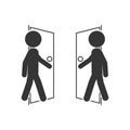 Illustration of outline stick figure enter and exit of a building or room door, for template sign entry and exit design and recrui