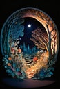 illustration of an oval shaped nature scenery of a forest at night